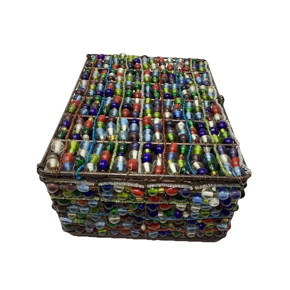 Colored Glass Hand Beaded Lidded Jewelry Trinket Copper Lidded Box 8x6x3